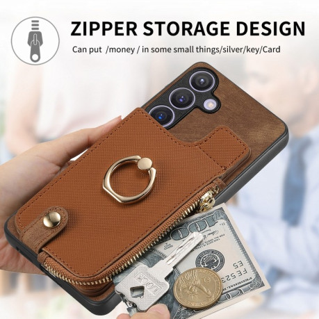 Чохол Cross Leather Ring Vertical Zipper Wallet для Samsung Galaxy S24+ 5G - коричневий