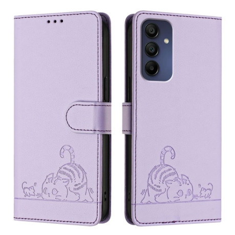 Чехол-книжка Cat Embossing Pattern на Samsung Galaxy A16 5G - фиолетовый