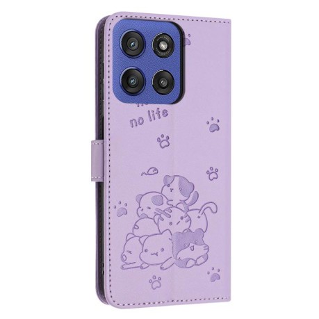 Чехол-книжка Embossed Kitten Phone Leather для Motorola Edge 60 Fusion - фиолетовый