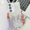 Противоударный чехол Plating Glitter Lens Film Texture Butterfly Holder Wristband для Samsung Galaxy S25+ 5G - White Feather Yarn