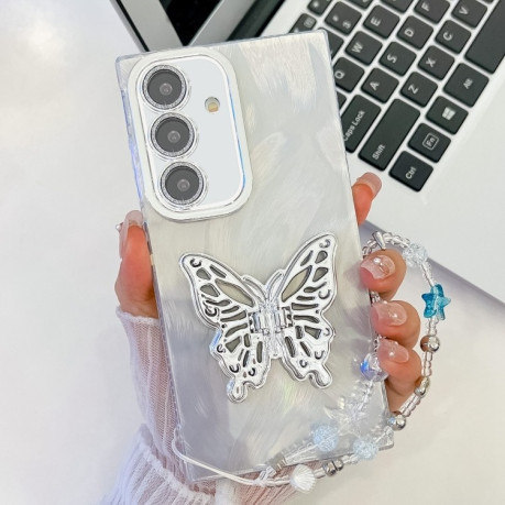 Противоударный чехол Plating Glitter Lens Film Texture Butterfly Holder Wristband для Samsung Galaxy S25 5G - White Feather Yarn