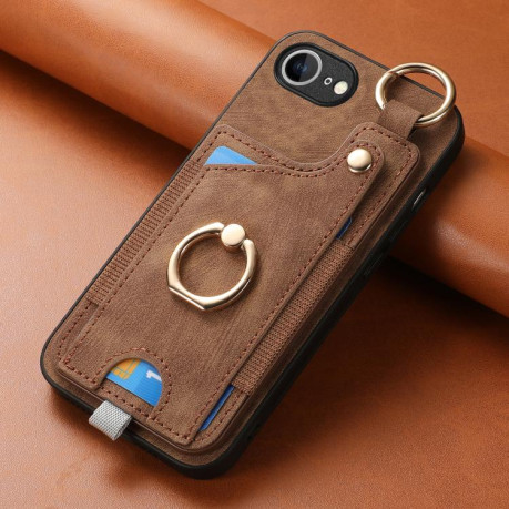 Чехол Retro Skin-feel Ring Card Bag для iPhone 16e - коричневый