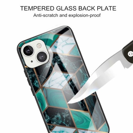 Противоударный стеклянный чехол Marble Pattern Glass на iPhone 14/13 - Rhombus Dark Green