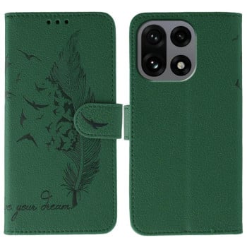 Чехол Escase с текстурой кожи и узором перьев на OnePlus 15 — зелёный