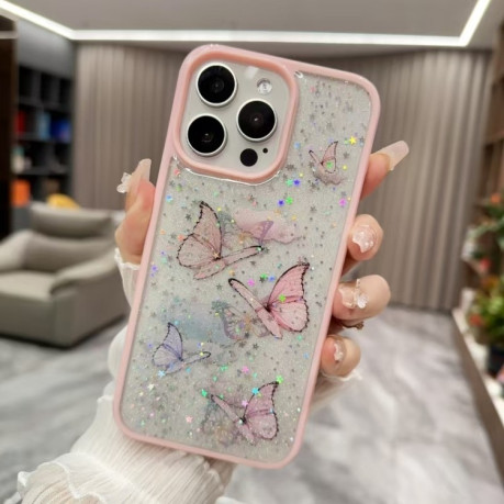 Противоударный чехол Color Butterfly Glitter Epoxy TPU для iPhone 16 Pro - розовый