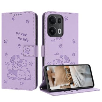 Чехол-книжка Embossed Kitten Phone Leather для OPPO Reno13 Pro 5G Global - фиолетовый