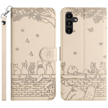 Чехол-книжка Cat Embossing Pattern на Samsung Galaxy S24 FE 5G - бежевый