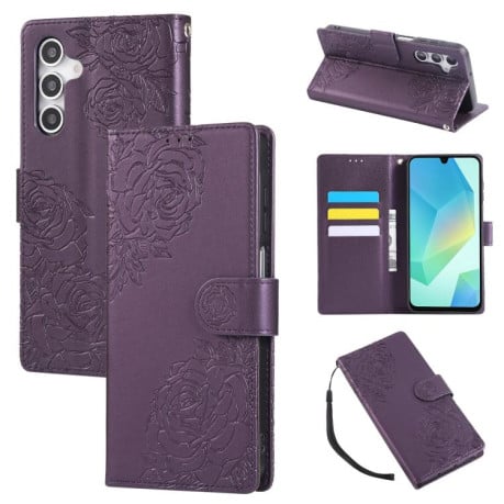 Чехол-книжка с тиснением Роза на Samsung Galaxy S25 FE 5G - темно-фиолетовый