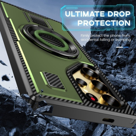 Протиударний чохол Ring Holder Carbon Fiber PC Hybrid TPU  для Samsung Galaxy S25 Ultra 5G - зелений