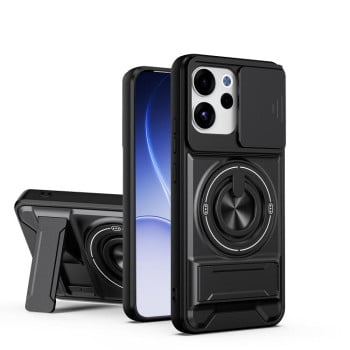 Противоударный чехол Lens Sliding Window Multifunctional Magnetic Shockproof со шторкой камеры для OPPO Reno15 F 5G Global — чёрный