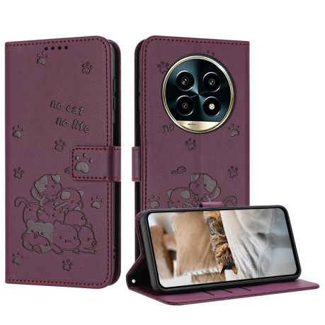 Чохол-книжка Embossed Kitten Phone Leather Case with Lanyard для Realme 13 Pro 5G - винно-червоний