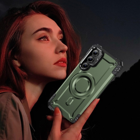 Противоударный чехол MagSafe Lens Holder PC Hybrid TPU для Samsung Galaxy S24 FE 5G - зеленый