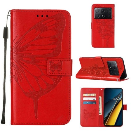 Чехол-книжка Embossed Butterfly для Xiaomi Poco X6 Pro - красный