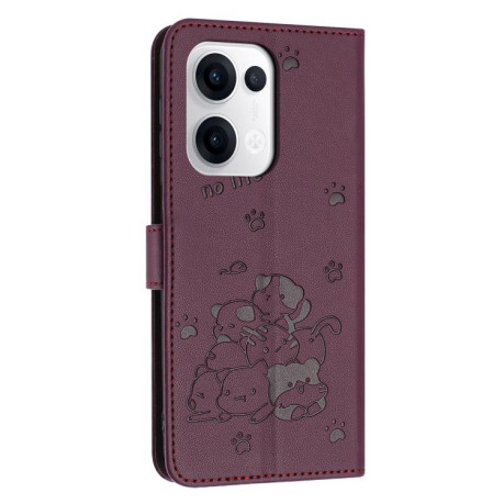 Чехол-книжка Embossed Kitten Phone Leather для OPPO Reno13 5G Global - винно-красный