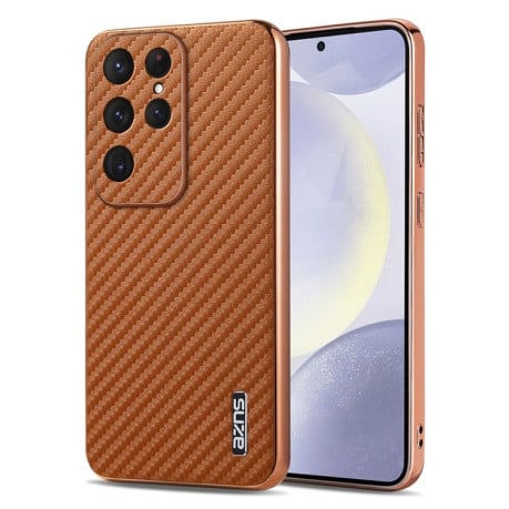 Ударозащитный чехол AZNS Electroplated Edge Carbon Fiber Texture на Samsung Galaxy S25 Ultra 5G - коричневый