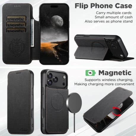 Чехол-книжка Suteni J06 с фактурой Retro Matte Litchi с MagSafe на iPhone 17 - черный