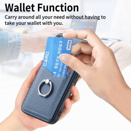 Противоударный чехол Carbon Fiber Card Wallet Ring Holder для Xiaomi Redmi Note 13 Pro+ 5G - синий