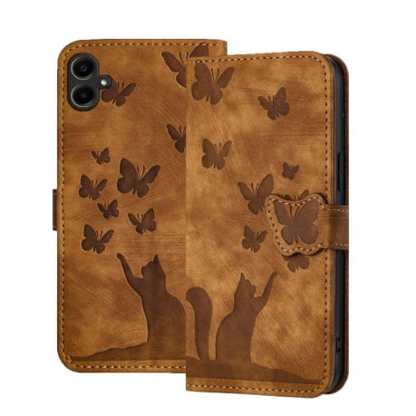 Чехол-книжка с тиснением Butterfly Cat мягкая фактура с магнитным хлястиком на Samsung Galaxy A07 4G / A06 4G - коричневый