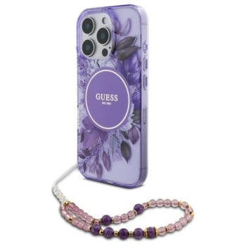 Оригінальний чохол Guess IML Flowers With Pearl Strap MagSafe для iPhone 16 Pro Max - purple