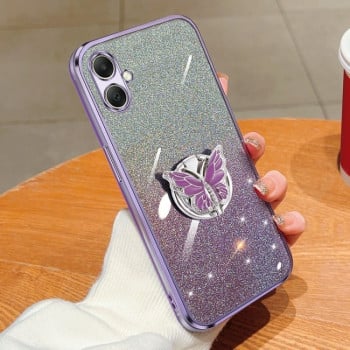 Противоударный чехол Plated Gradient Glitter Butterfly Holder для Samsung Galaxy A06 4G - фиолетовый