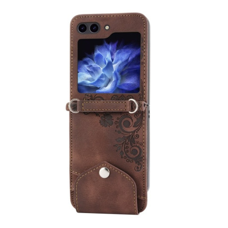 Протиударний чохол Skin Feel Flowers Embossed Wallet для Samsung Galaxy Flip 5 - коричневий