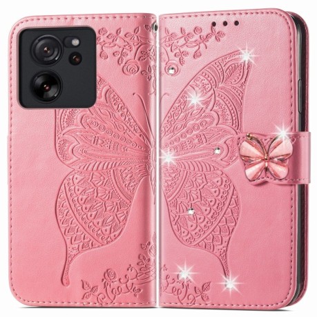 Чехол-книжка Rhinestones Butterfly Love Flower Embossed для Xiaomi 13T / 13T Pro - розовый