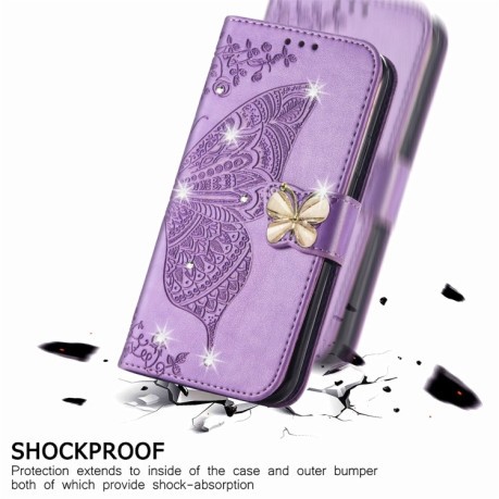 Чехол-книжка Rhinestones Butterfly Love Flower Embossed для Xiaomi Redmi Note 13 Pro - фиолетовый