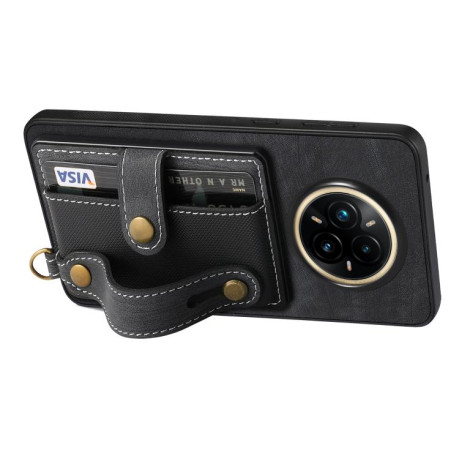 Противоударный чехол Retro Cross Wristband Wallet Leather для Realme 14 Pro+ - черный