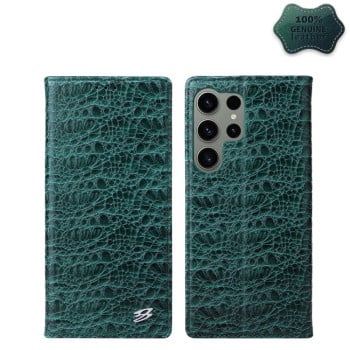 Шкіряний чохол-книжка Fierre Shann Crocodile Texture Magnetic Genuine Leather для Samsung Galaxy S24 Ultra 5G - зелений