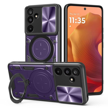 Чехол со шторкой камеры CD фактурой и подставкой на Samsung Galaxy M16 5G - фиолетовый