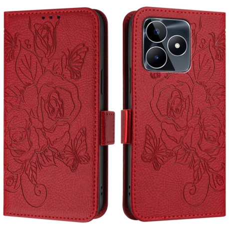 Чехол-книжка Embossed Rose RFID Anti-theft Leather для  Realme Note 50 4G / C51 4G / C53 4G - красный