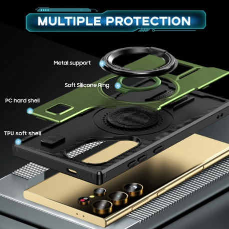 Протиударний чохол Ring Holder Carbon Fiber PC Hybrid TPU  для Samsung Galaxy S25 Ultra 5G - зелений