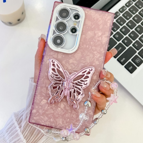 Протиударний чохол Plating Glitter Lens Film Texture Butterfly Holder Wristband  для Samsung Galaxy S25 Ultra 5G - Pink Shell Pattern