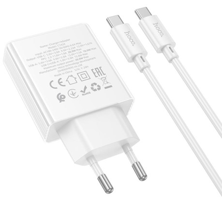 Зарядка Hoco C142A Direct PD20W+QC3.0 (1USB-A/1C) + кабель Type-C - Type-C - белая