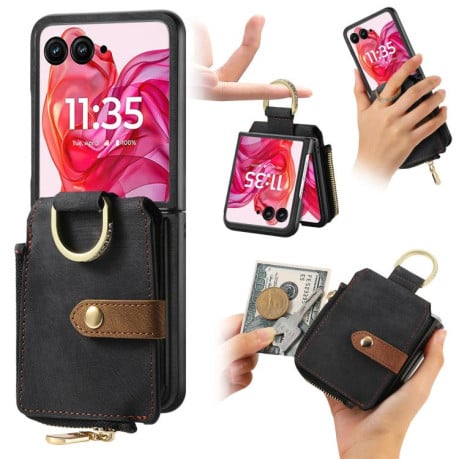 Чехол Cross Leather Ring Vertical Zipper Wallet для Motorola Razr 60 Ultra - черный