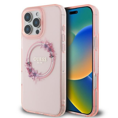 Оригинальный чехол Guess IML Flowers Wreath MagSafe для iPhone 16 Pro - Pink