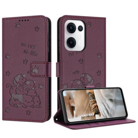 Чехол-книжка Embossed Kitten Phone Leather для OPPO Reno13 5G Global - винно-красный