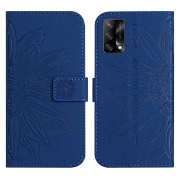 Чохол-книжка Skin Feel з малюнком соняшника на OPPO A74 4G - темно-синій