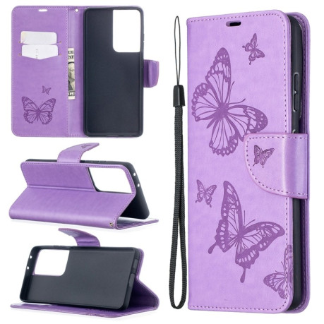 Чехол-книжка Butterflies Pattern на Samsung Galaxy S21 Ultra - фиолетовый