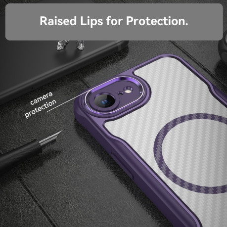 Ударозахисний чохол Carbon Fiber Texture MagSafe Translucent на iPhone 16e - фіолетовий