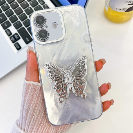 Противоударный чехол Plating Glitter Texture Butterfly для iPhone 16 - White Feather Yarn