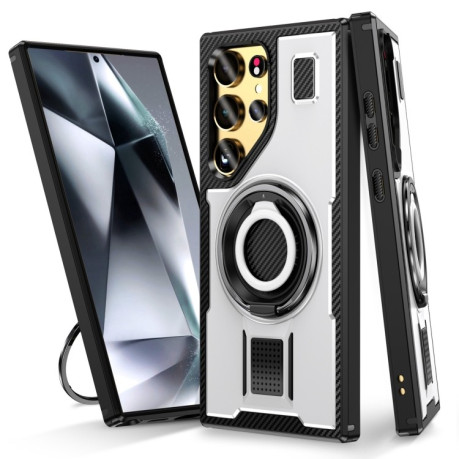 Противоударный чехол Ring Holder Carbon Fiber PC Hybrid TPU для Samsung Galaxy S25 Ultra 5G - белый
