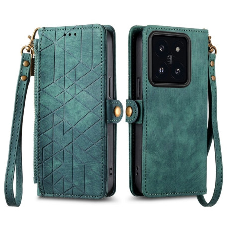 Чохол-книжка Geometric Zipper Wallet Side Buckle Leather для Xiaomi 14 - зелений