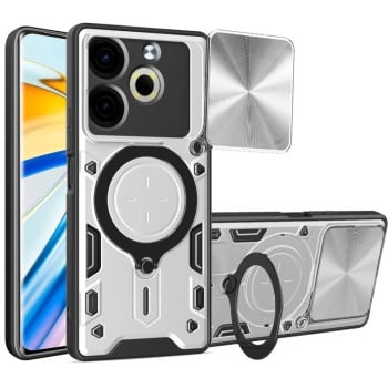 Чехол со шторкой камеры CD фактурой и подставкой на Tecno Pova 6 Neo 4G — серебристый