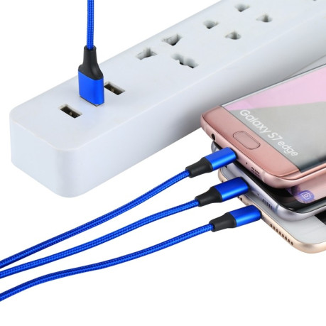 Универсальный Зарядный кабель 2A 1.2m 3 in 1 USB to 8 Pin &amp; USB-C / Type-C &amp; Micro USB Nylon Weave Charging Cable - синий