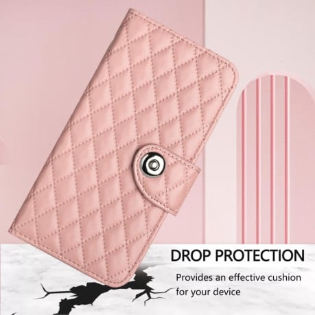 Чехол-книжка Rhombic Texture Flip Leather для Xiaomi Redmi Note 14 Pro 4G - розовый