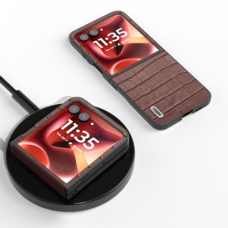 Противоударный чехол ABEEL Crocodile Texture Genuine Leather для Motorola Razr 60 Ultra - коричневий