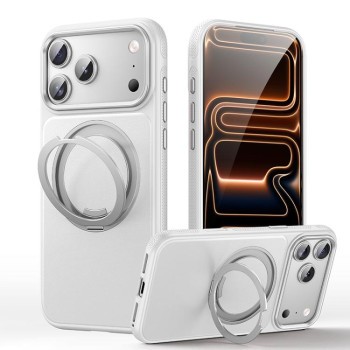 Чохол Escase з шкіряною текстурою та магнітним тримачем на iPhone 18 Pro — сріблястий