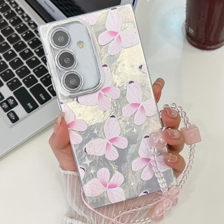Противоударный чехол Plating Glitter Lens Film Texture Butterfly Holder Wristband для Samsung Galaxy S25+ 5G - Pink Butterflies