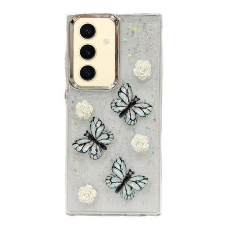 Противоударный чехол Plated Gradient Glitter Butterfly Holder для Samsung Galaxy S24 FE 5G - синий